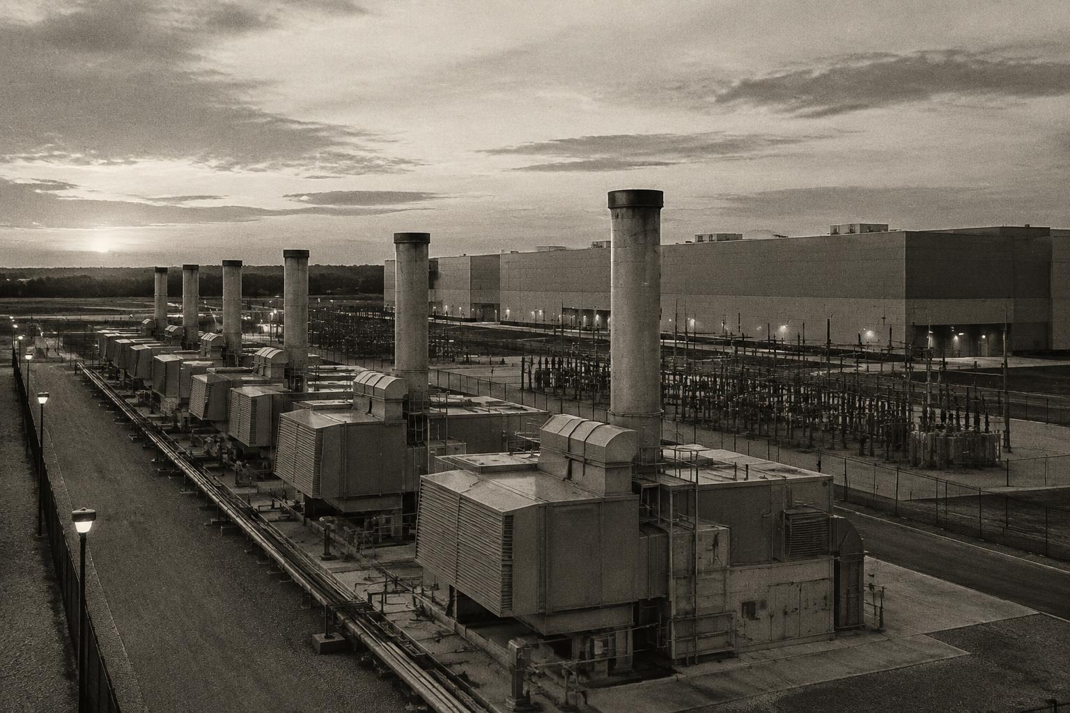 Gas turbine stacks beside a data center campus at dusk.
